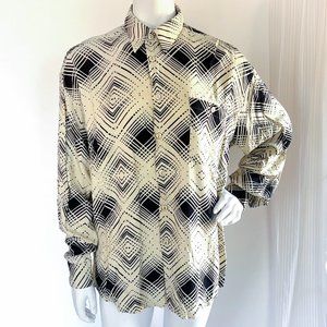 Vintage Italian Oversized Button Down Shirt - Cream and Black Pattern